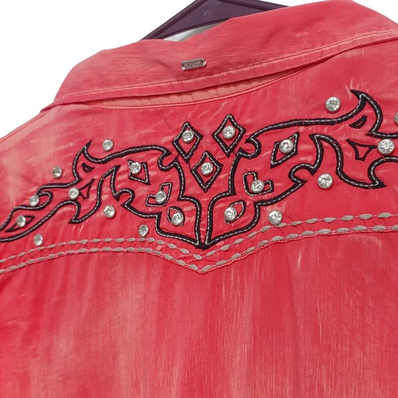 ROAR Western Button Down Shirt Embellished Distressed Coral Women's Med - Picture 8 of 12